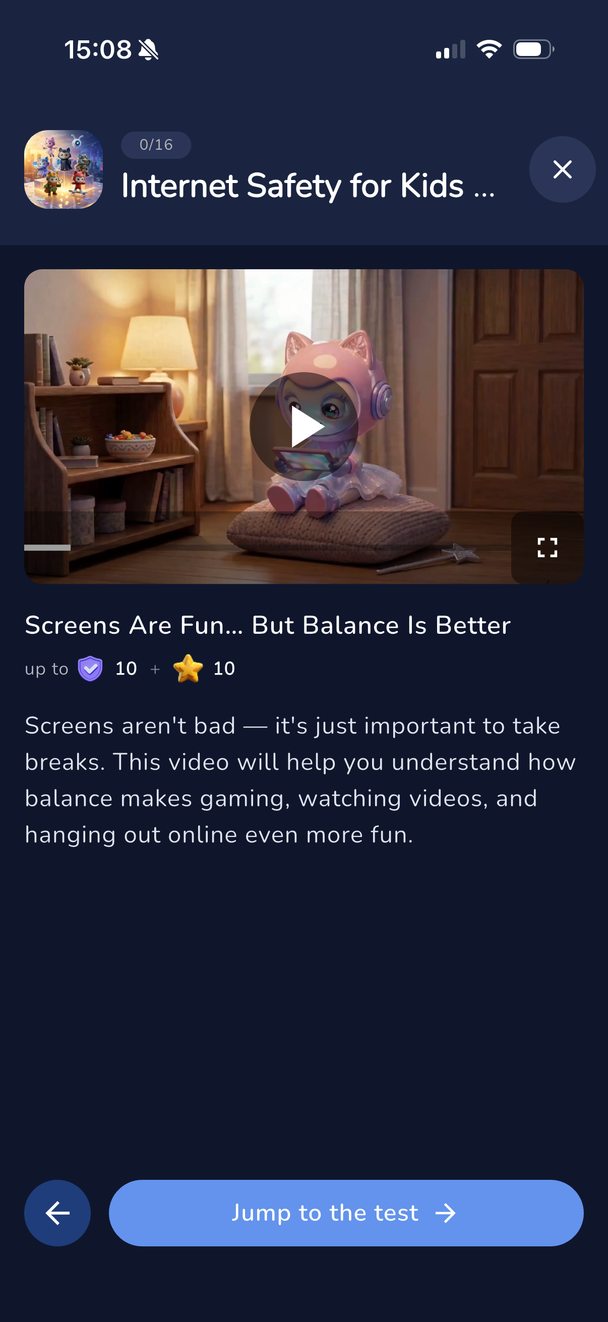 Kids' app — video lesson and Jump to the test