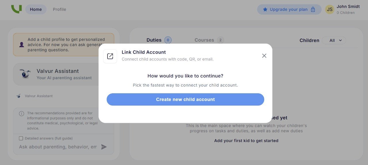 The screen where you link a child to the parent account