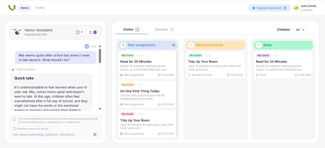Parent dashboard — main sections
